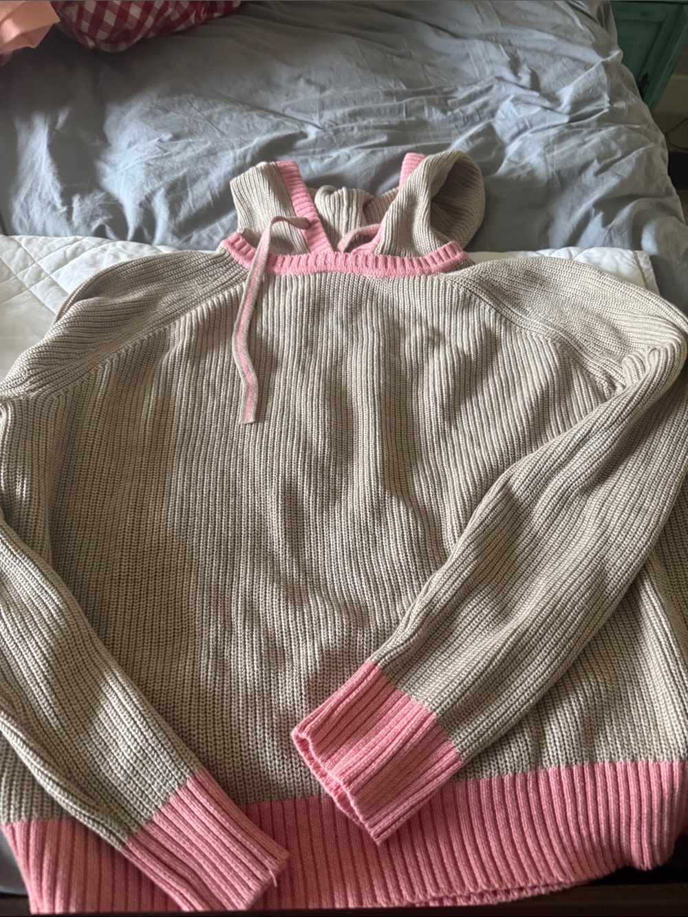 Krimson Klover Beige Sweater with Pink Trim Cowl Neck